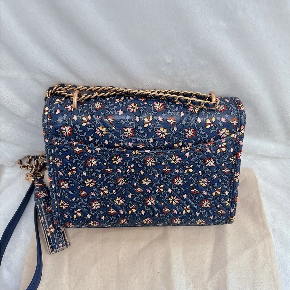 Tory Burch Navy Floral Quilted Crossbody Bag with Gold Chain